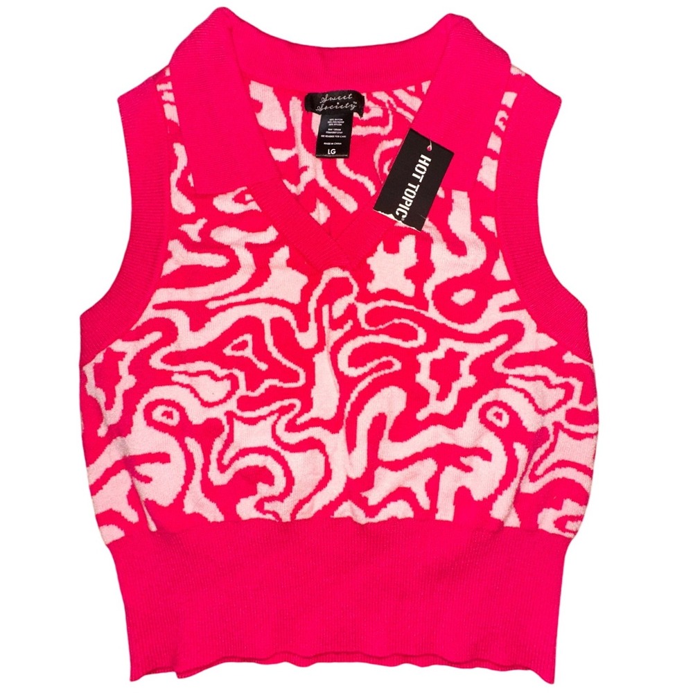 Sweet Society Hot Topic Pink Swirl V-Neck Crop Sweater Vest LG New